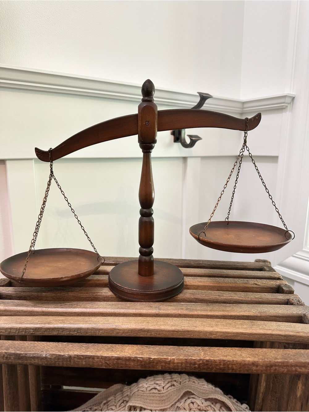 Wooden Balance Scale Decorative Display - Brown Chains & Wood Trays Ucagco Japan